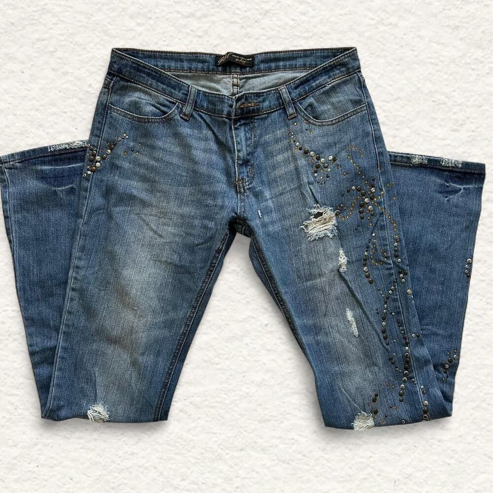 Allen Schwartz Luxury Straight Leg Jeans Distressed Studded Sz 31